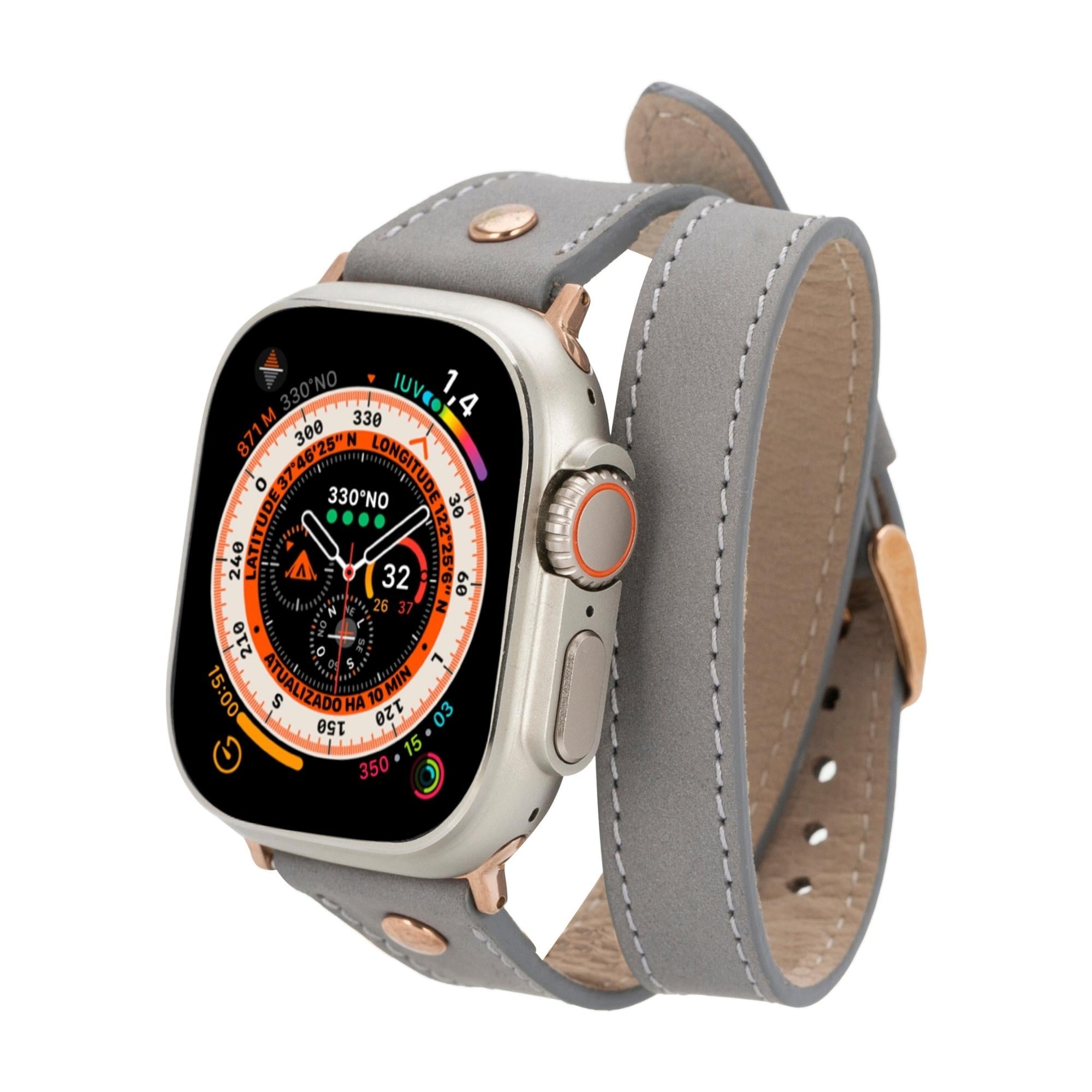Syracuse Double Tour Leather Bands for Apple Watch 9, Ultra 2 and SE-Gray-49mm / 45mm / 44mm / 42mm--TORONATA