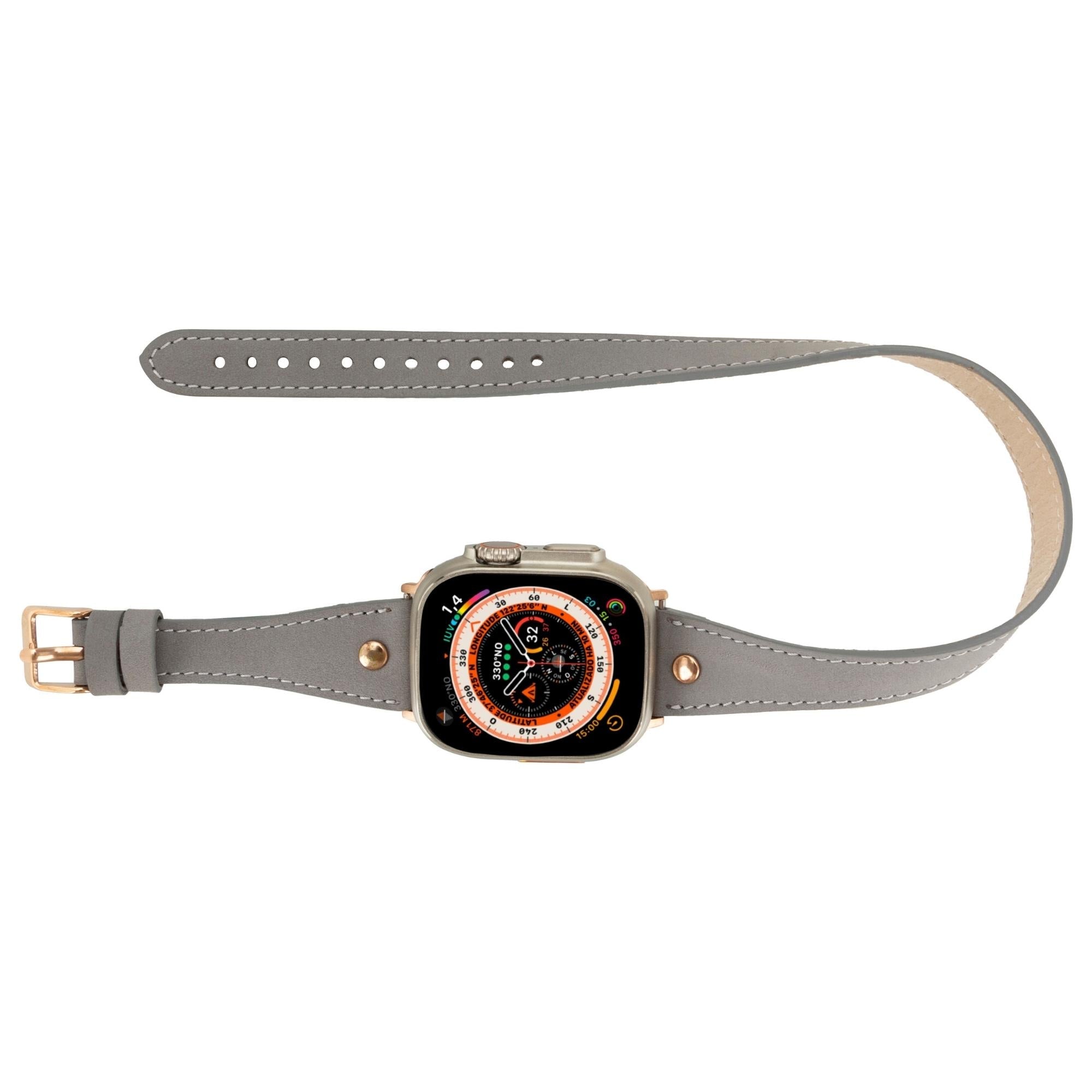 Syracuse Double Tour Leather Bands for Apple Watch 9, Ultra 2 and SE-Gray-49mm / 45mm / 44mm / 42mm--TORONATA