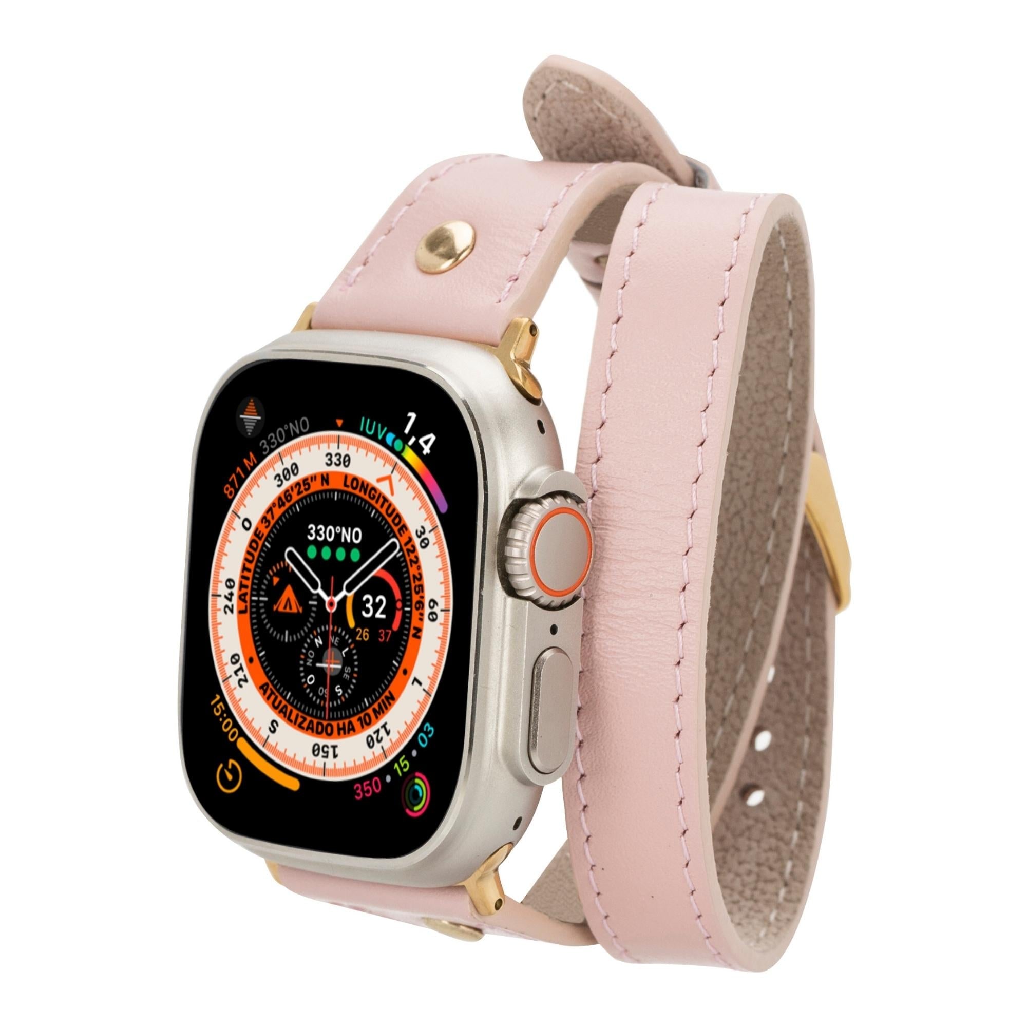 Syracuse Double Tour Leather Bands for Apple Watch 9, Ultra 2 and SE-Pink-49mm / 45mm / 44mm / 42mm--TORONATA