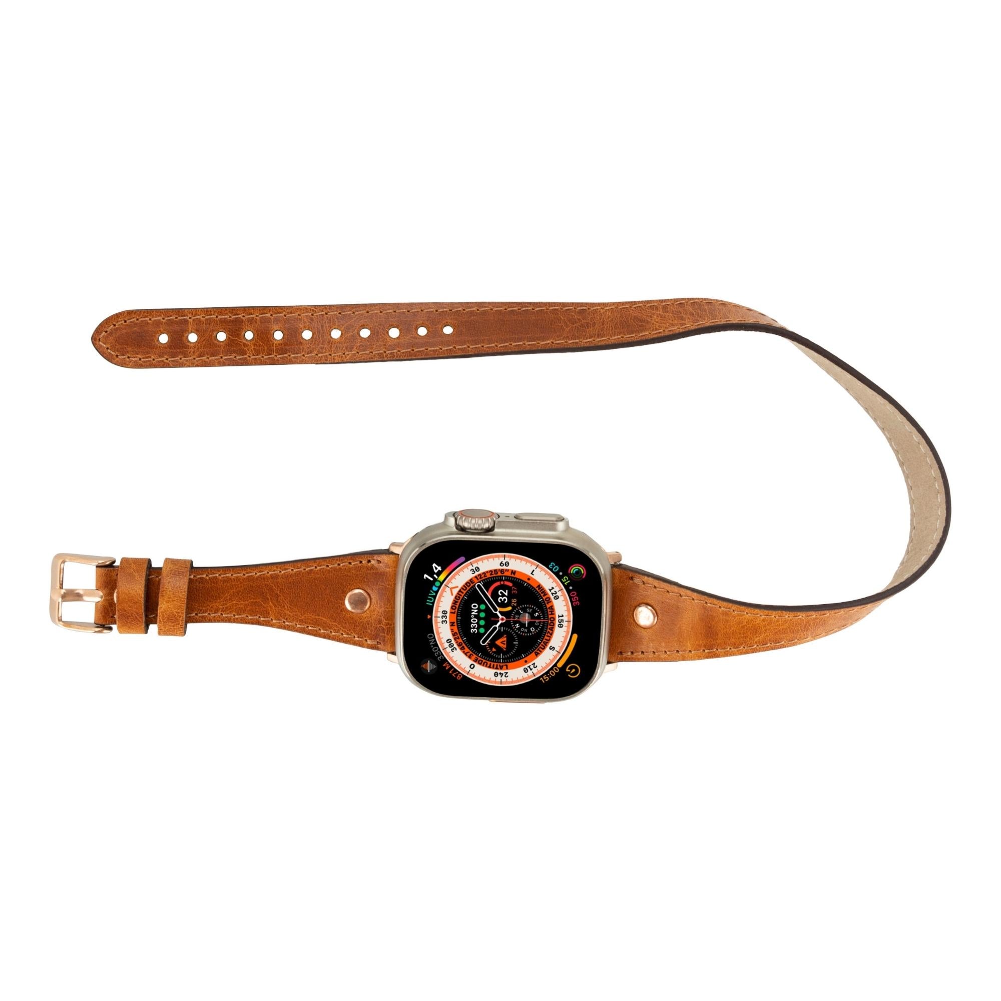 Syracuse Double Tour Leather Bands for Apple Watch 9, Ultra 2 and SE-Vegetal Tan-49mm / 45mm / 44mm / 42mm--TORONATA