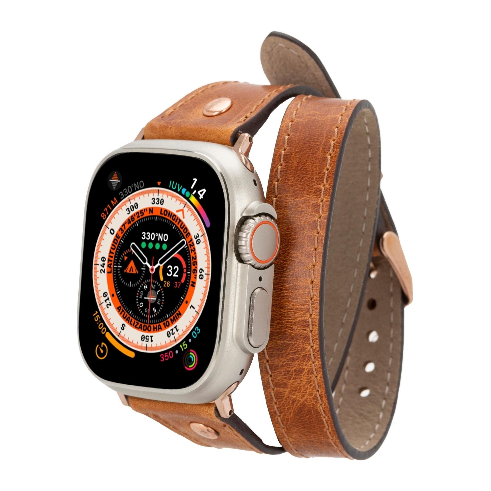 Syracuse Double Tour Leather Bands for Apple Watch 9, Ultra 2 and SE-Vegetal Tan-49mm / 45mm / 44mm / 42mm--TORONATA