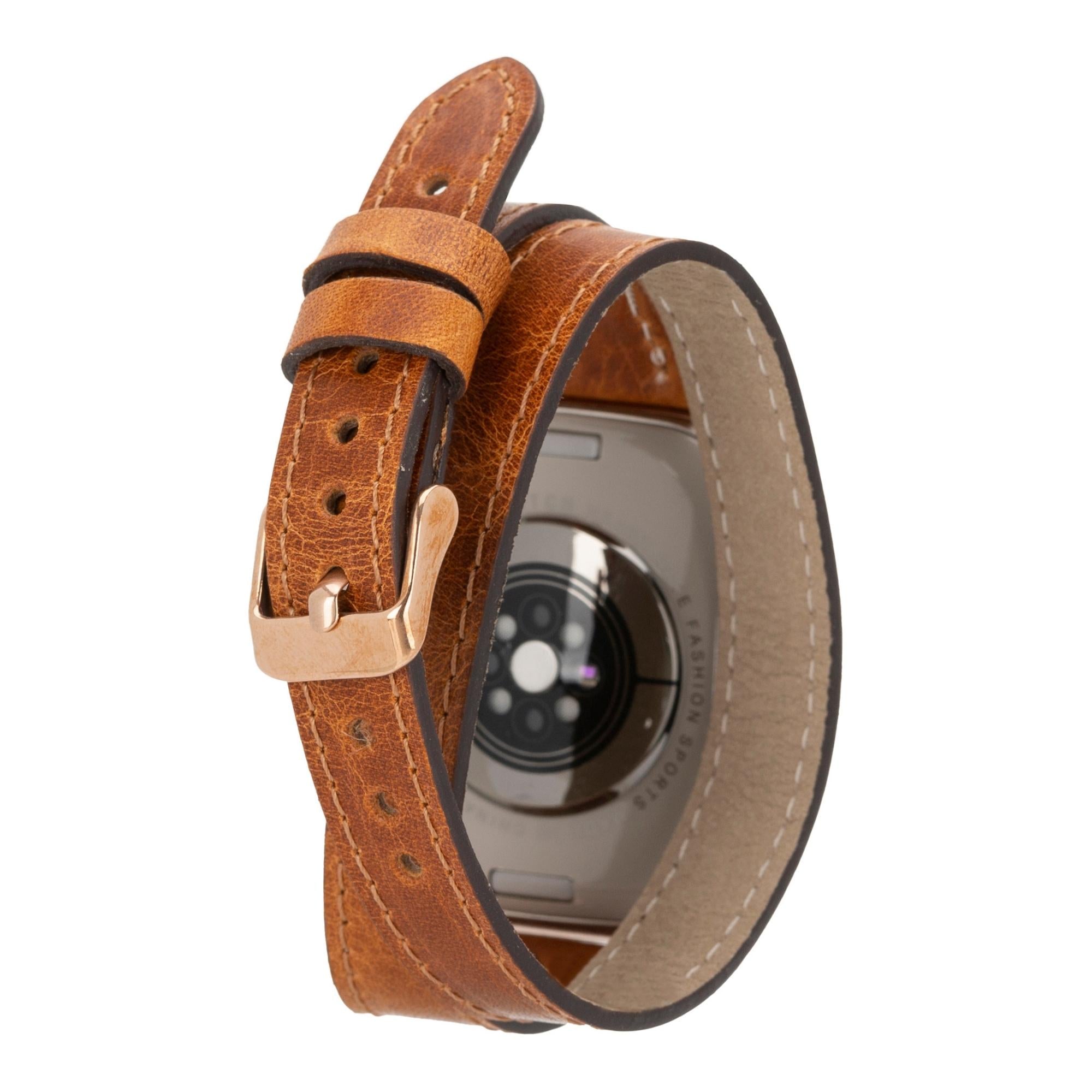 Syracuse Double Tour Leather Bands for Apple Watch 9, Ultra 2 and SE-Vegetal Tan-49mm / 45mm / 44mm / 42mm--TORONATA