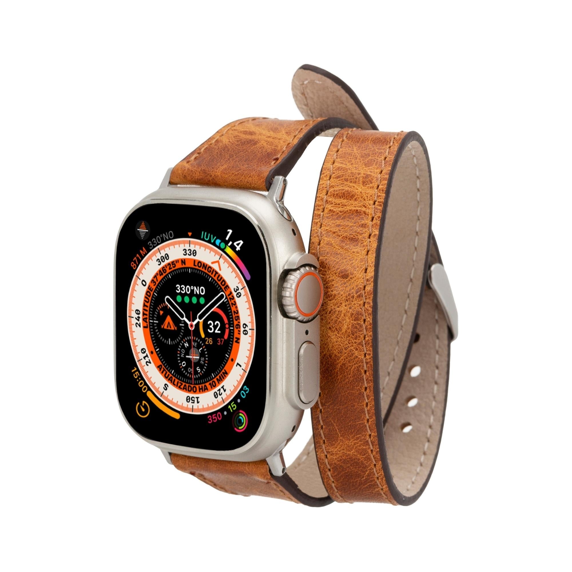 Vail Double Tour Leather Bands for Apple Watch 9, Ultra 2 and SE-Vegetal Tan-45mm--TORONATA