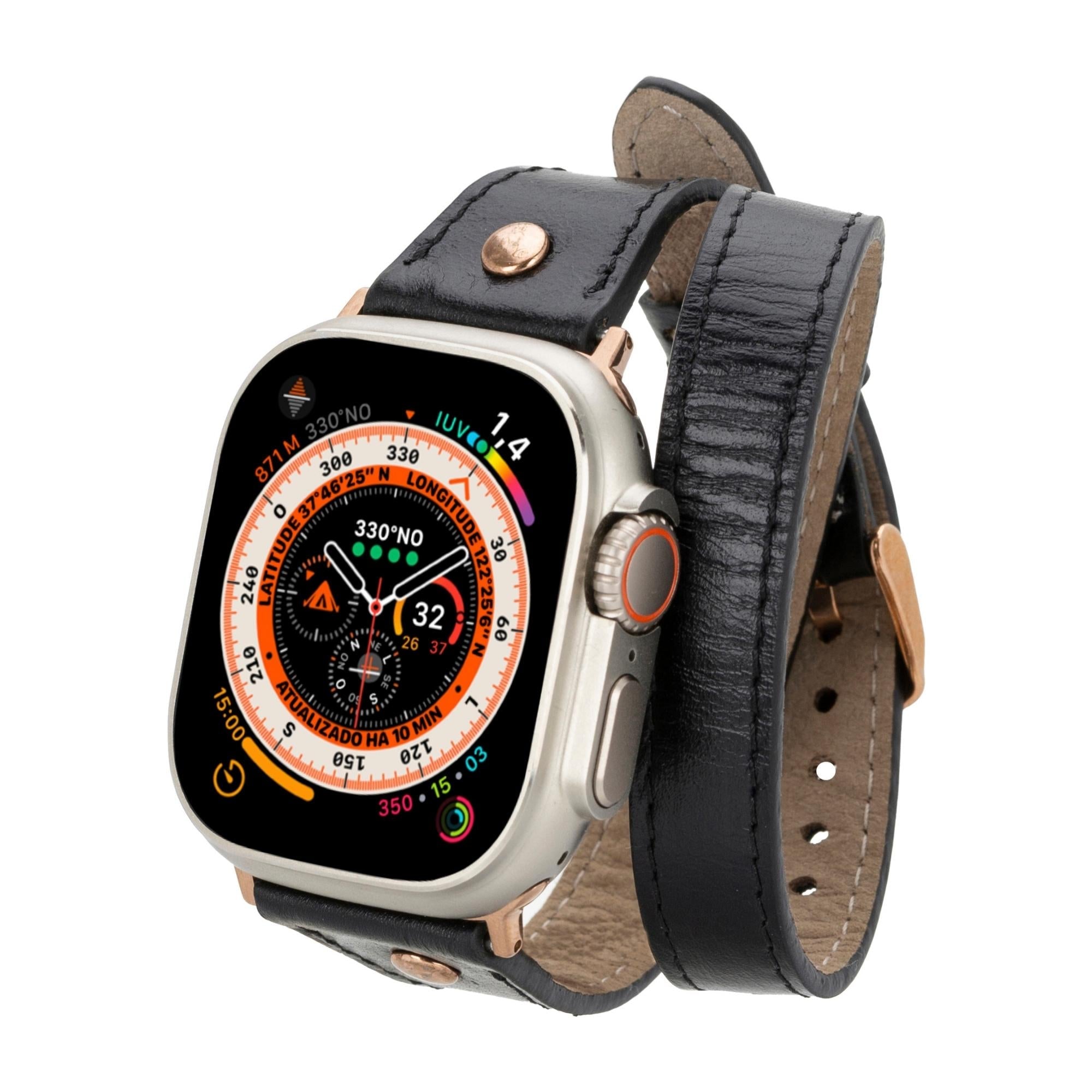 Vernon Double Tour Leather Bands for Apple Watch 9, Ultra 2 and SE-Black-49mm / 45mm / 44mm / 42mm--TORONATA