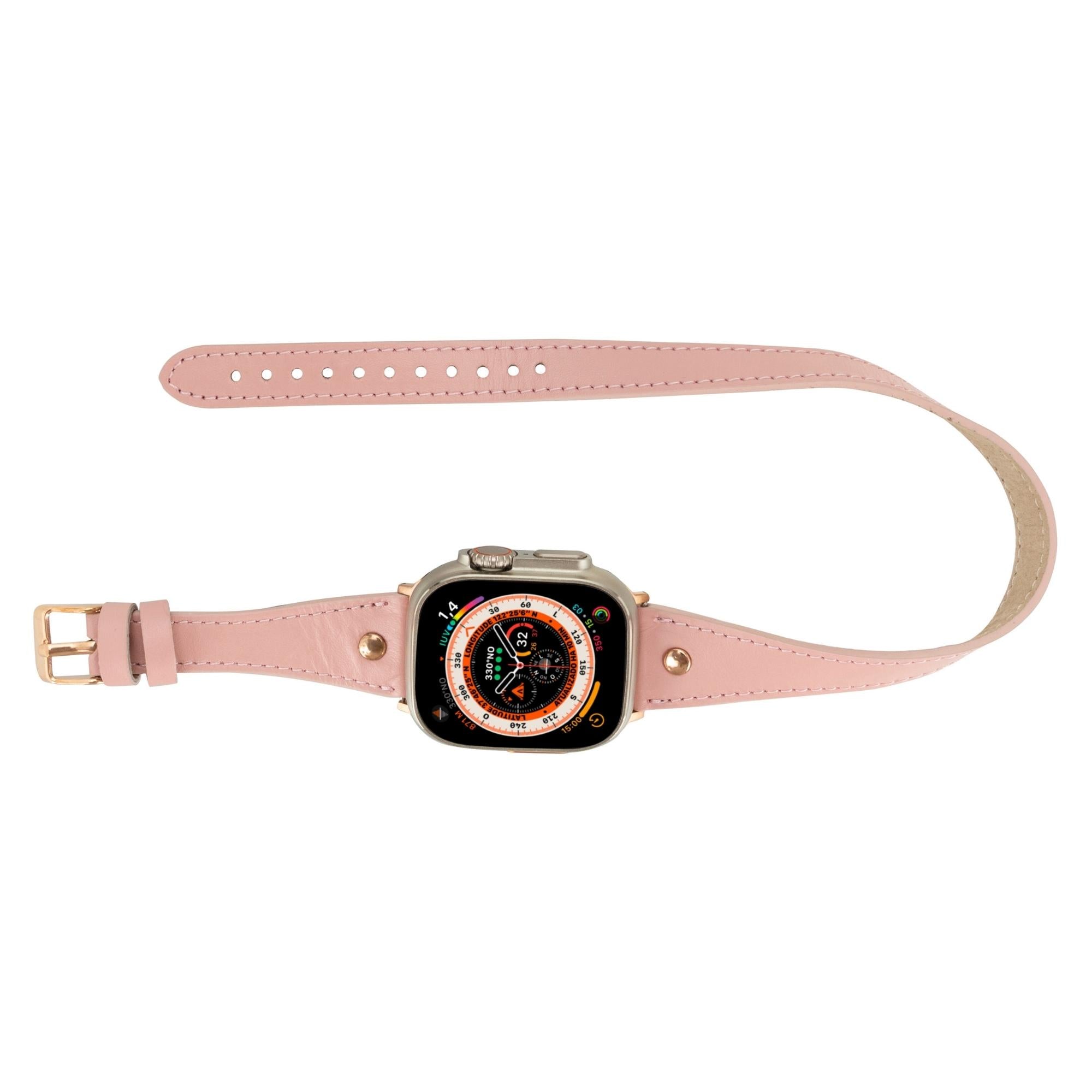 Vernon Double Tour Leather Bands for Apple Watch 9, Ultra 2 and SE-Pink-49mm / 45mm / 44mm / 42mm--TORONATA