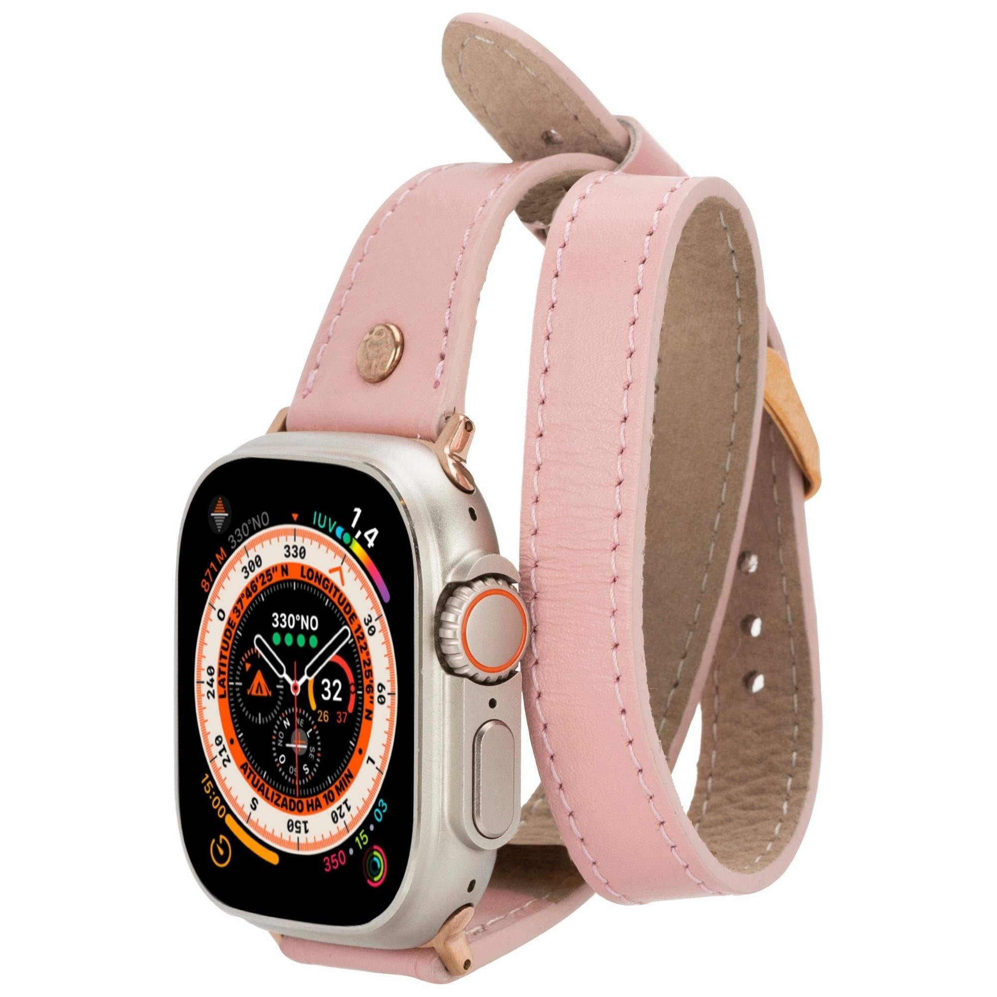 Vernon Double Tour Leather Bands for Apple Watch 9, Ultra 2 and SE-Pink-49mm / 45mm / 44mm / 42mm--TORONATA