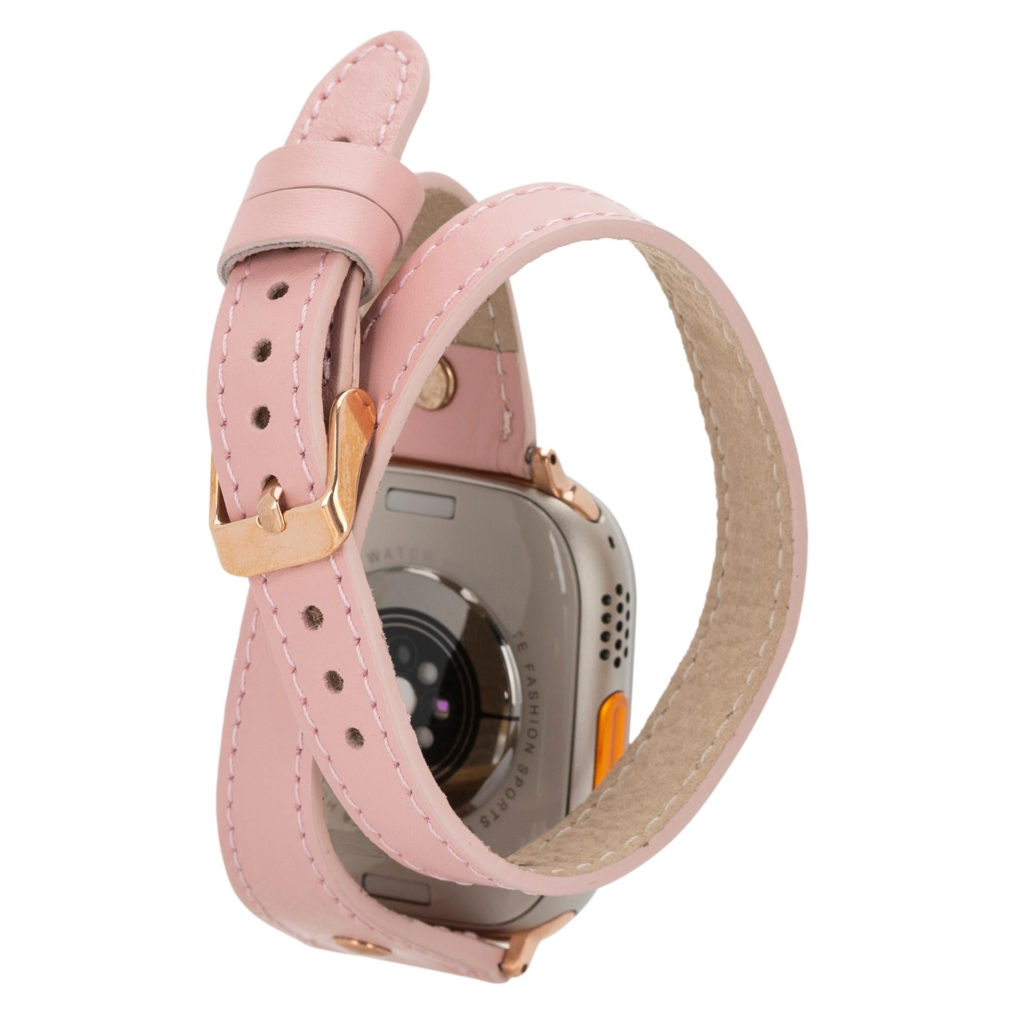 Vernon Double Tour Leather Bands for Apple Watch 9, Ultra 2 and SE-Pink-49mm / 45mm / 44mm / 42mm--TORONATA